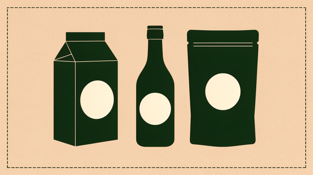 Tres envases distintos, una caja, una botella y una bolsa, cada uno con un distintivo circular en blanco