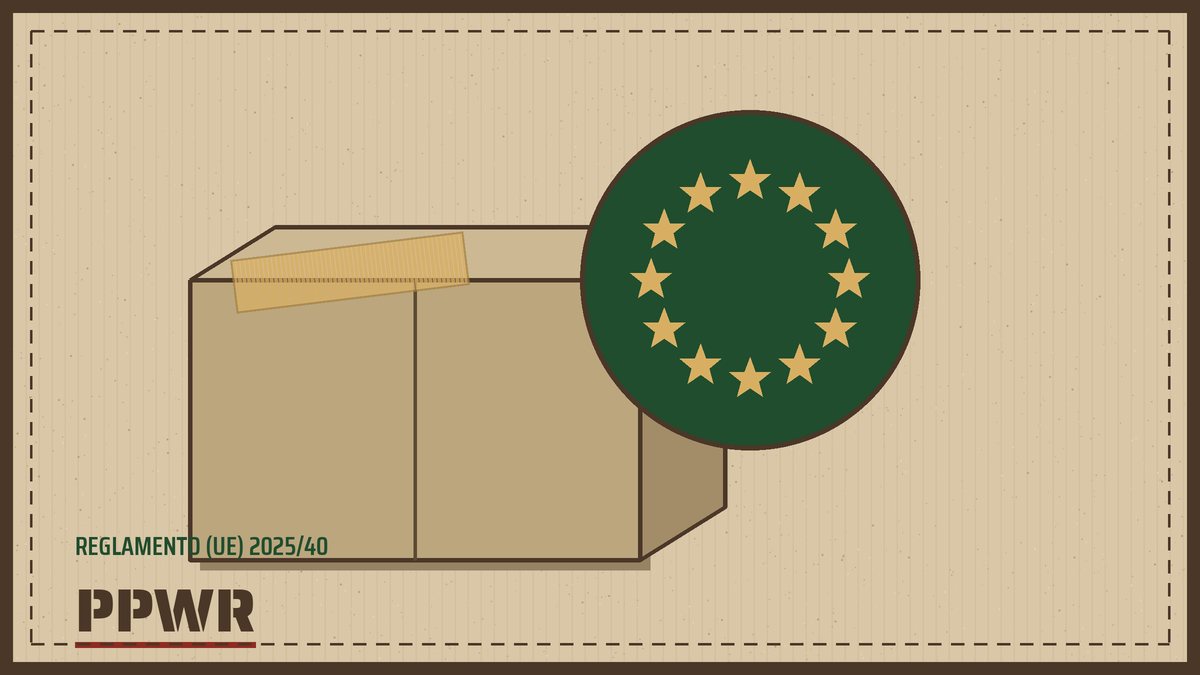Caja de cartón con precinto y el círculo de estrellas de la Unión Europea, ilustración del artículo sobre qué es el PPWR