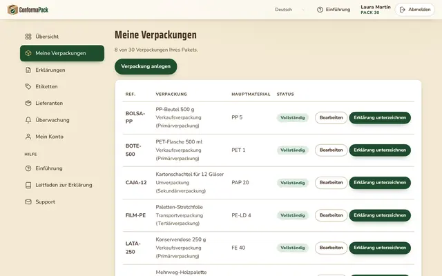 Meine Verpackungen — ConformaPack-Panel auf Deutsch