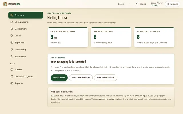 Overview — ConformaPack panel in English