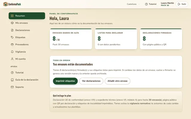 Resumen — panel de ConformaPack en castellano