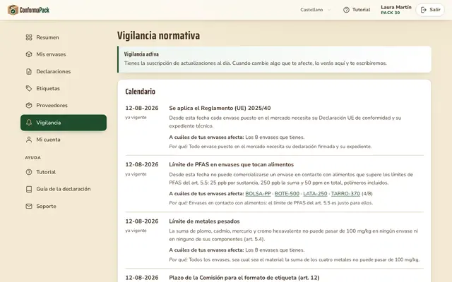Vigilancia — panel de ConformaPack en castellano