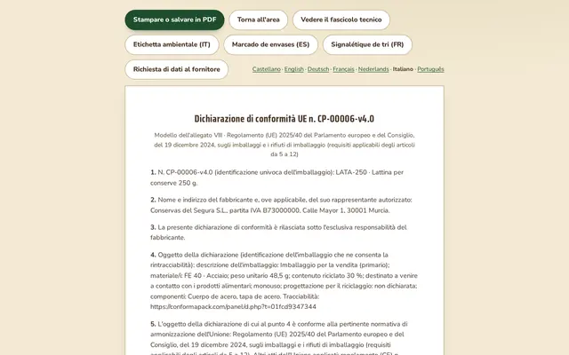 La dichiarazione — pannello ConformaPack in italiano