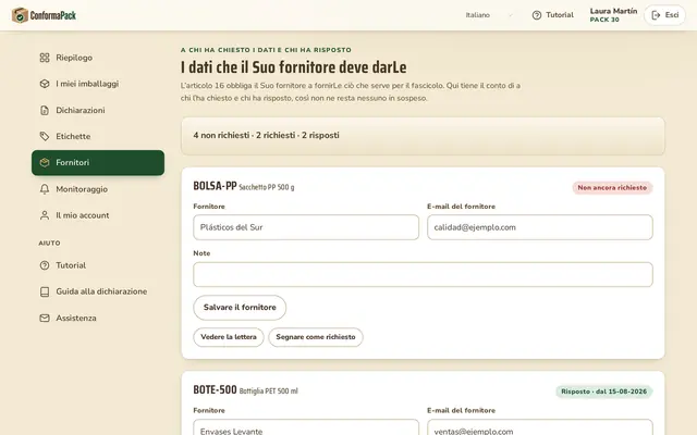 Fornitori — pannello ConformaPack in italiano