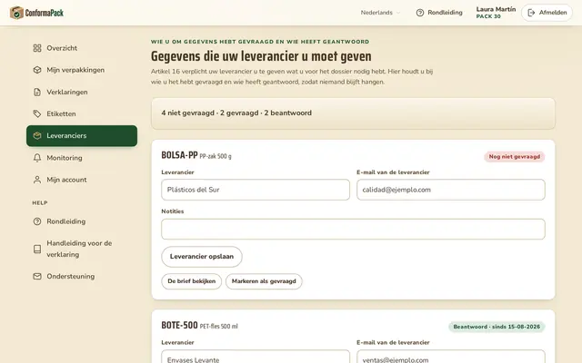 Leveranciers — ConformaPack-dashboard in het Nederlands