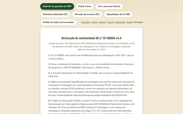 A declaração — painel ConformaPack em português