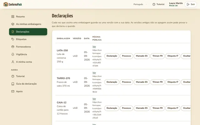 Declarações — painel ConformaPack em português