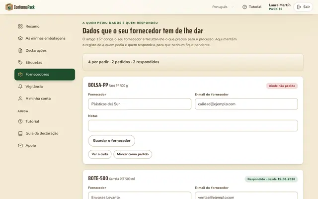 Fornecedores — painel ConformaPack em português